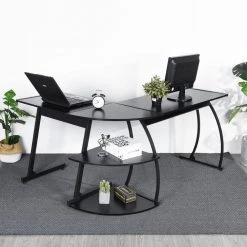 Black Round Corner Computer Desk with Large Monitor Stand Desk Workstation for Home Office by Homy Casa -Homy Casa Shop black homy casa computer desks kante bkw jm 31 1000