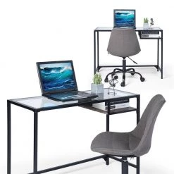 Black Computer Desk Glass Top Desk with Shelf by Homy Casa -Homy Casa Shop black homy casa computer desks loquat hm lmkz 31 1000