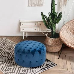 Ottoman Blue Standard Round Tufted Velvet by Homy Casa -Homy Casa Shop blue homy casa ottomans miya blue 31 1000