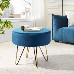 Ottoman 11.4 Inch Blue Velvet Round Trunk Bench Standard by Homy Casa -Homy Casa Shop blue homy casa ottomans saka teal c3 1000