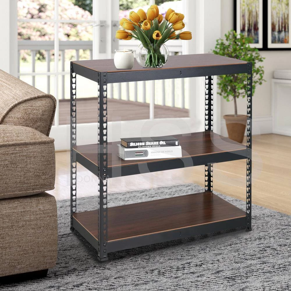 Shelf Brown Metal Standard Bookcase 3-Layers Wood by Homy Casa 3 Shelf Brown Metal Standard Bookcase 3-Layers Wood by Homy Casa - Image 2