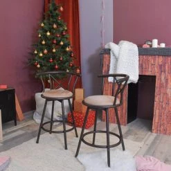 Brown Ladder Back Sturdy Metal Frame Barstool Comfortable Seat Cushions by Homy Casa