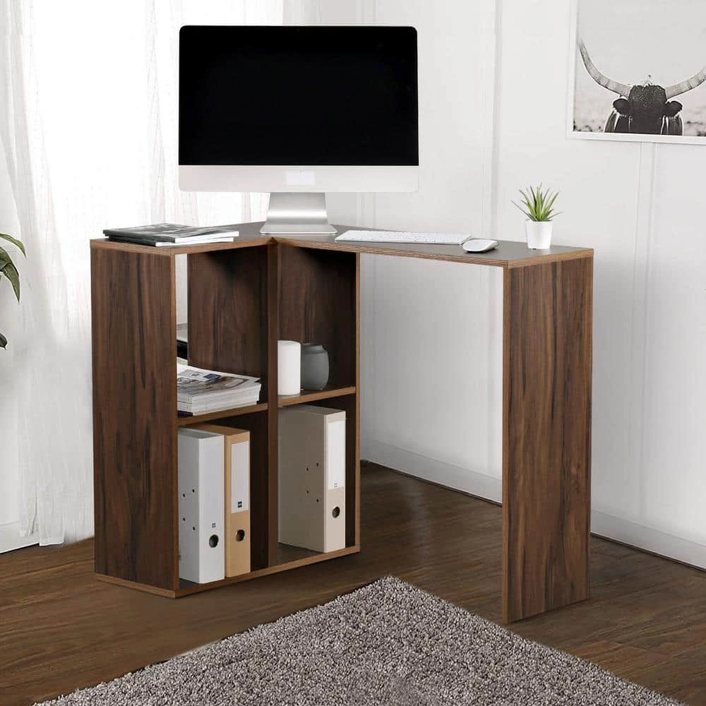 Walnut L-Shape Desk Storage Shelves Open Bookcase by Homy Casa 5 Walnut L-Shape Desk Storage Shelves Open Bookcase by Homy Casa - Image 3