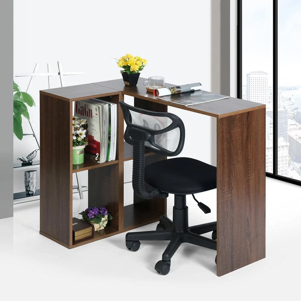 Walnut L-Shape Desk Storage Shelves Open Bookcase by Homy Casa 4 Walnut L-Shape Desk Storage Shelves Open Bookcase by Homy Casa - Image 2