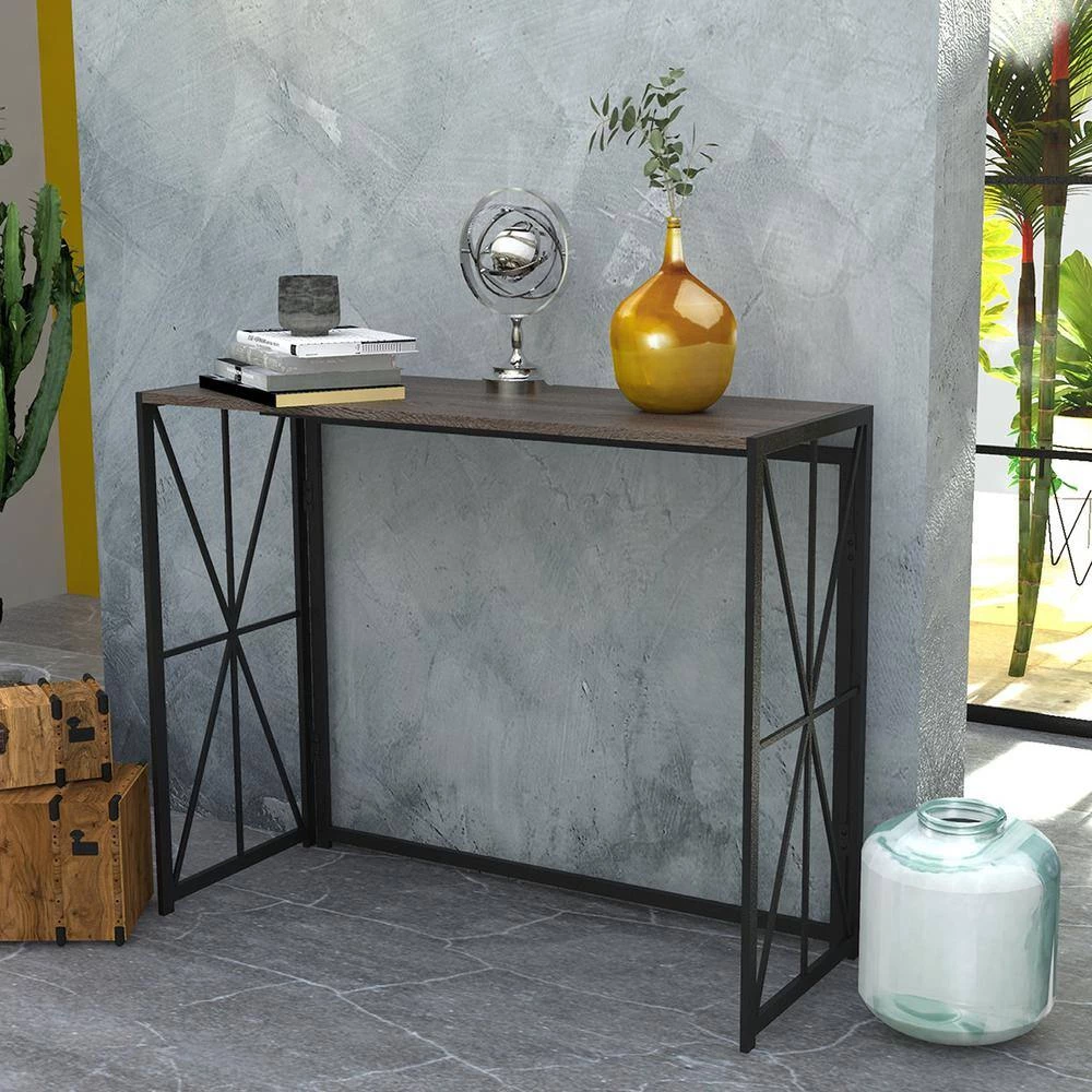 39 in. Brown Standard Rectangle Wood Console Table Foldable with Metal Leg by Homy Casa 5 39 in. Brown Standard Rectangle Wood Console Table Foldable with Metal Leg by Homy Casa - Image 3