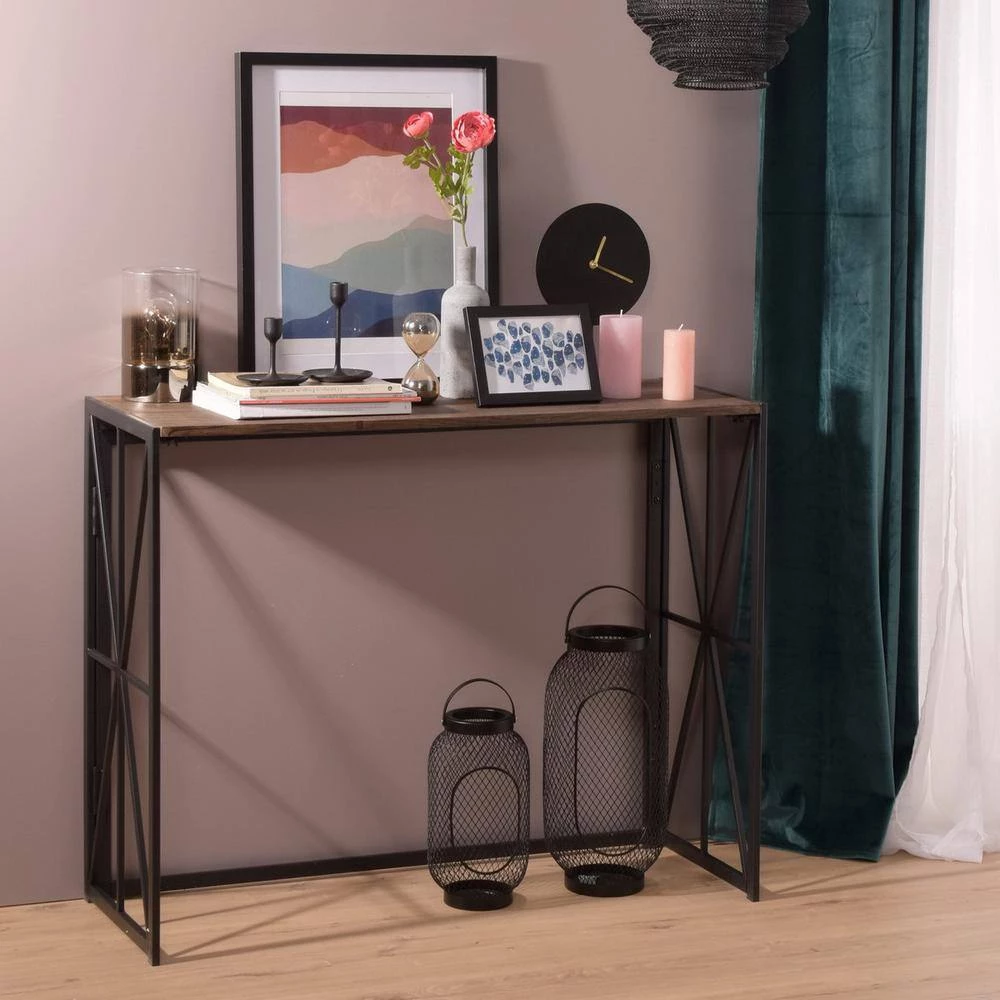 39 in. Brown Standard Rectangle Wood Console Table Foldable with Metal Leg by Homy Casa 4 39 in. Brown Standard Rectangle Wood Console Table Foldable with Metal Leg by Homy Casa - Image 2