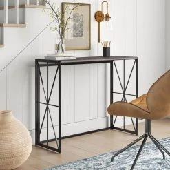 Hores 39.4 in. Brown Rectangular Manufactured Wood Top Metal Frame Folding Console Table by Homy Casa -Homy Casa Shop brown homy casa console tables hores a lmkz 31 1000