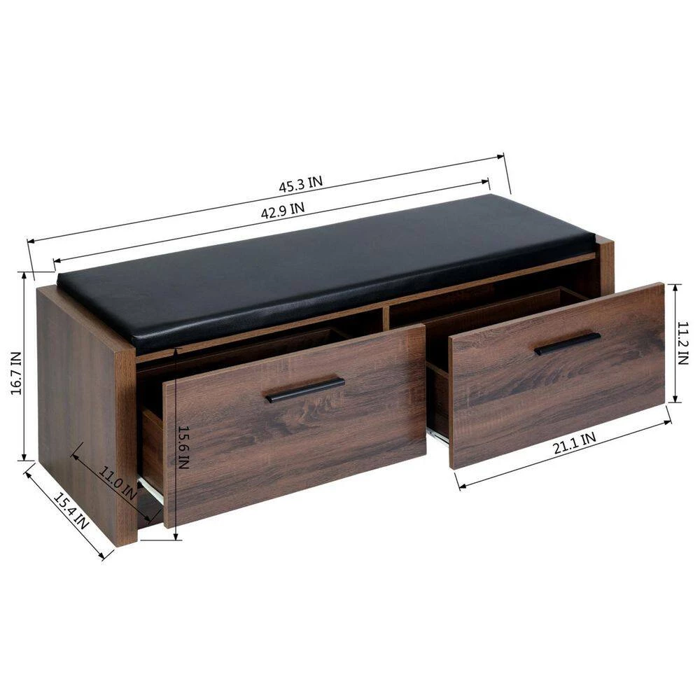 Domigo Walnut Storage Bench with 2 Drawers (16.7 H * 45.3 W * 15.4 D in.) by Homy Casa 12 Domigo Walnut Storage Bench with 2 Drawers (16.7 H * 45.3 W * 15.4 D in.) by Homy Casa - Image 11