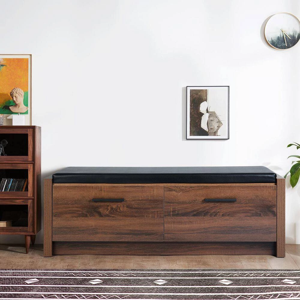 Domigo Walnut Storage Bench with 2 Drawers (16.7 H * 45.3 W * 15.4 D in.) by Homy Casa 3 Domigo Walnut Storage Bench with 2 Drawers (16.7 H * 45.3 W * 15.4 D in.) by Homy Casa - Image 2
