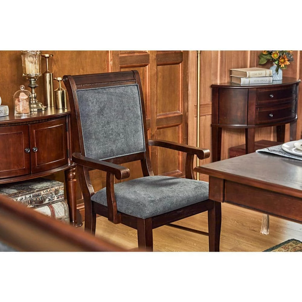 Zaim Brown Fabric Upholstered Arm Dining Chairs with Solid Wood Legs (Set of 2) by Homy Casa 7 Zaim Brown Fabric Upholstered Arm Dining Chairs with Solid Wood Legs (Set of 2) by Homy Casa - Image 5