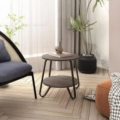 Konya 18 in. Walnut Modern Round Black Frame Walnut 2-Tier End Table by Homy Casa -Homy Casa Shop brown homy casa end side tables konya 246t 31 1000