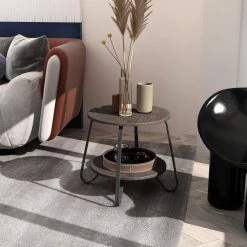 Konya 18 in. Walnut Modern Round Black Frame Walnut 2-Tier End Table by Homy Casa -Homy Casa Shop brown homy casa end side tables konya 246t 66 1000