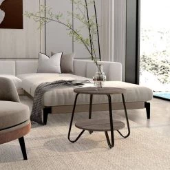 Konya 18 in. Walnut Modern Round Black Frame Walnut 2-Tier End Table by Homy Casa -Homy Casa Shop brown homy casa end side tables konya 246t 77 1000