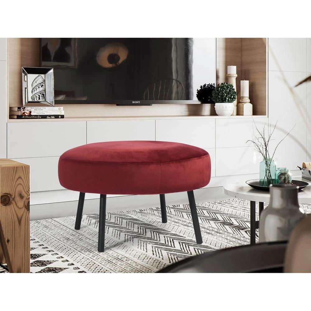 NICKEIL Black Powder Coating Legs Velvet Ottoman, BURGUNDY by Homy Casa 11 NICKEIL Black Powder Coating Legs Velvet Ottoman, BURGUNDY by Homy Casa - Image 9