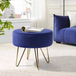 Saka Dark Blue Velvet Round Ottoman by Homy Casa -Homy Casa Shop dark blue homy casa ottomans saka dk blue c3 1000