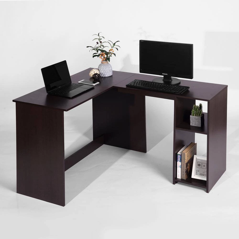 47.2 in. L-Shape Dark Brown Wood Computer Desk With Open Storage Shelf by Homy Casa 6 47.2 in. L-Shape Dark Brown Wood Computer Desk With Open Storage Shelf by Homy Casa - Image 4