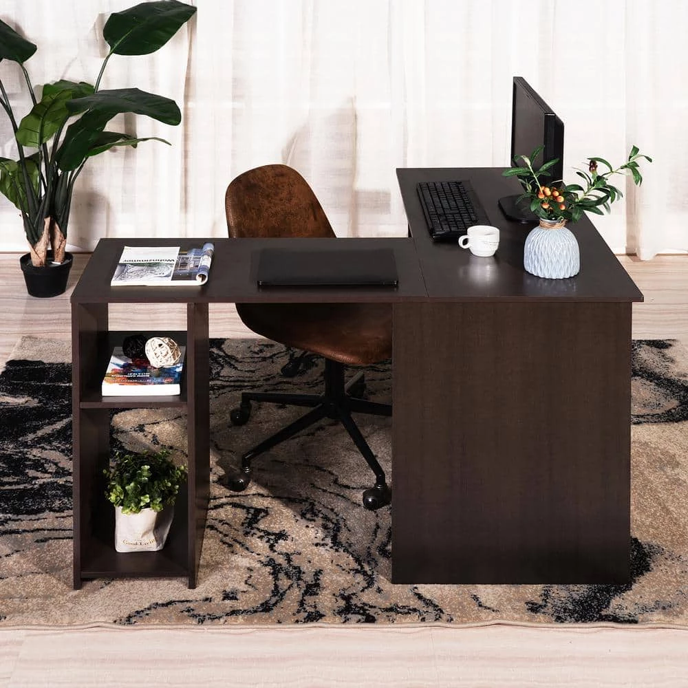 47.2 in. L-Shape Dark Brown Wood Computer Desk With Open Storage Shelf by Homy Casa 4 47.2 in. L-Shape Dark Brown Wood Computer Desk With Open Storage Shelf by Homy Casa - Image 2