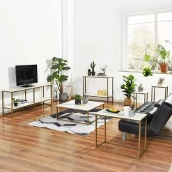 Adria 13.4 in, White Square Faux Marble Coffee Table Set with 2 Pieces by Homy Casa -Homy Casa Shop gold homy casa coffee tables adria coffee table set gold leg 31 1000