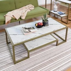 Suri 47.2 in. White Marble Rectangular MDF Coffee Table with Golden Leg by Homy Casa