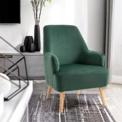 Leisure Chair Green with Wood Legs Velvet Accent Arm Chair by Homy Casa -Homy Casa Shop green homy casa accent chairs hutter green 31 1000