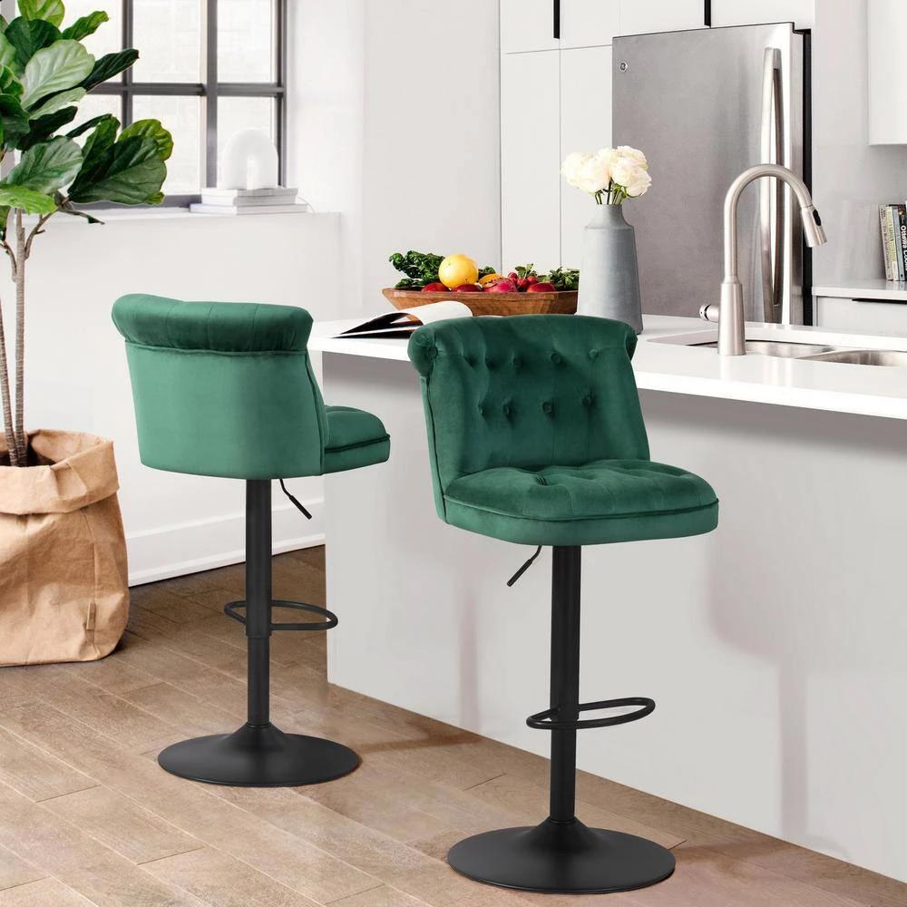 Baze 26 in-34.6 in. Green Low Back Metal Frame Adjustable Height Bar Stool With Velvet Seat (Set of 2) by Homy Casa 4 Baze 26 in-34.6 in. Green Low Back Metal Frame Adjustable Height Bar Stool With Velvet Seat (Set of 2) by Homy Casa - Image 2