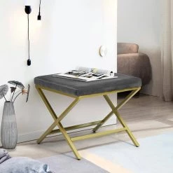 Gray Velvet Living Room Bench X Shape Legs by Homy Casa -Homy Casa Shop grey homy casa ottomans spell grey 31 1000