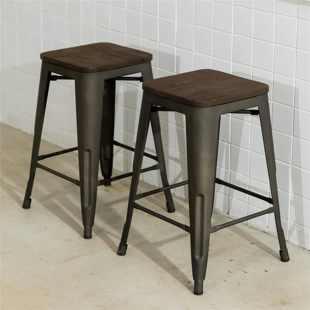 Zolnes 24 in. Gun Backless Metal Frame Counter Stool With Solid Wood Seat (Set of 4) by Homy Casa 8 Zolnes 24 in. Gun Backless Metal Frame Counter Stool With Solid Wood Seat (Set of 4) by Homy Casa - Image 6