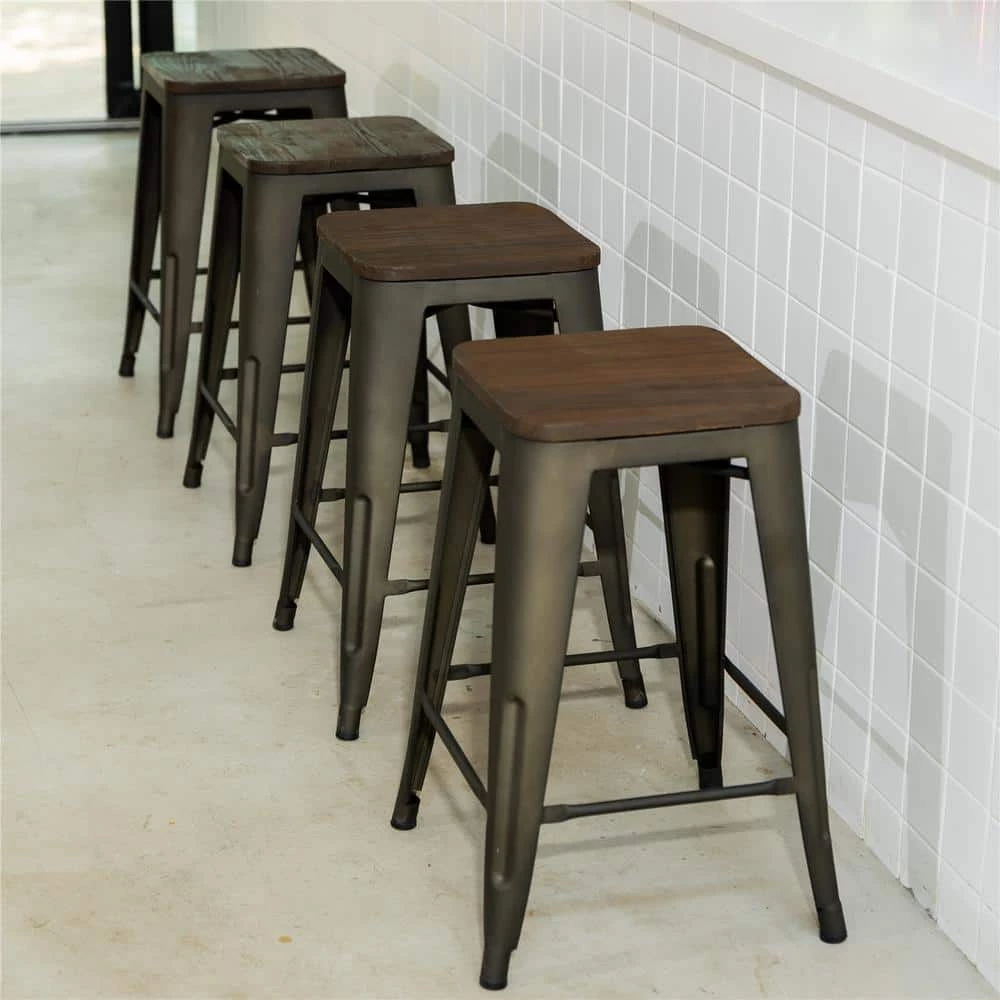 Zolnes 24 in. Gun Backless Metal Frame Counter Stool With Solid Wood Seat (Set of 4) by Homy Casa 4 Zolnes 24 in. Gun Backless Metal Frame Counter Stool With Solid Wood Seat (Set of 4) by Homy Casa - Image 2