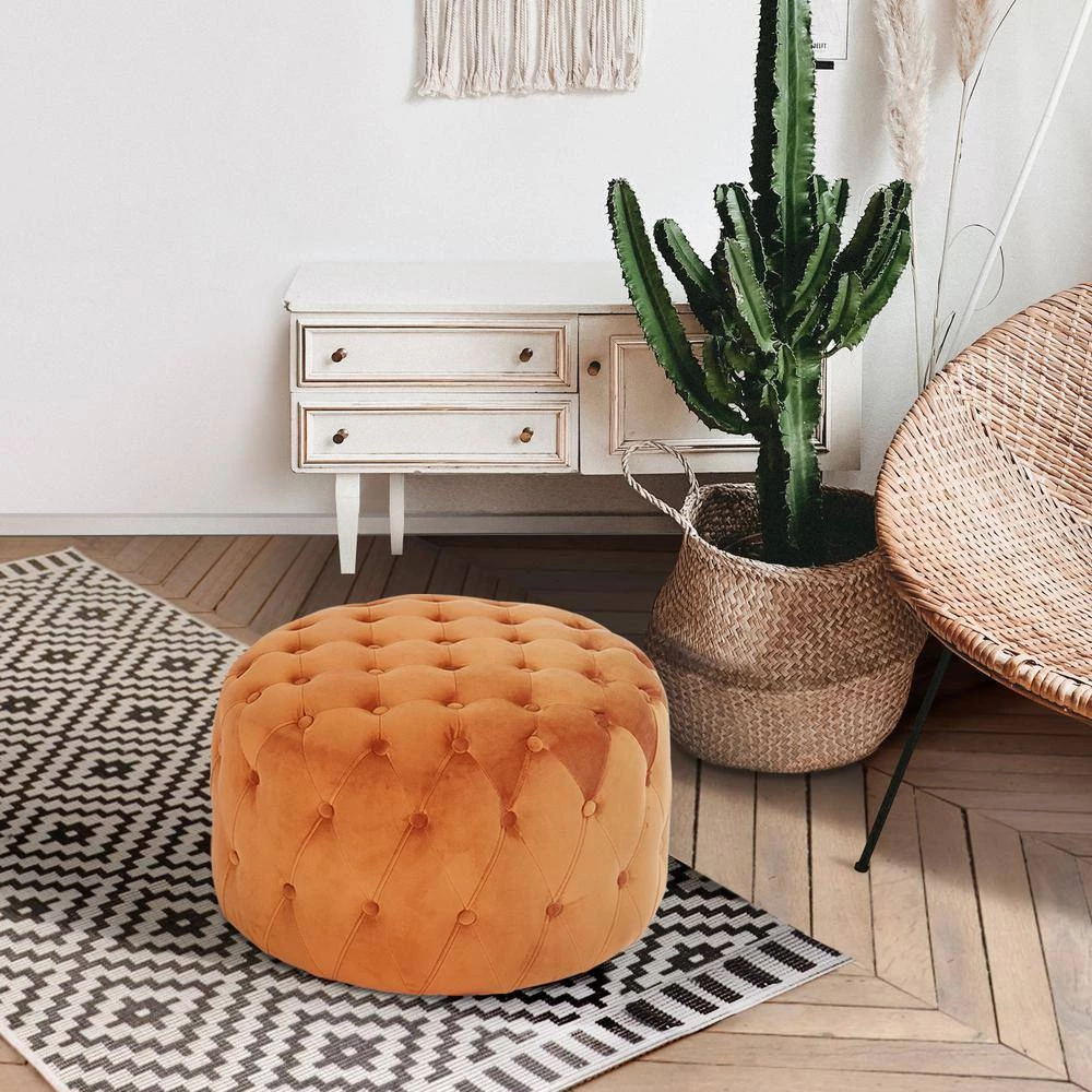 Ottoman Orange Standard Round Tufted Velvet by Homy Casa 4 Ottoman Orange Standard Round Tufted Velvet by Homy Casa - Image 2