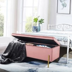 Tudor Pink Velvet Upholstered Flip Top Storage Bench( 17.3'' D * 41.3'' W * 17.3'' H ) by Homy Casa -Homy Casa Shop pink homy casa bedroom benches tudor pink 31 1000
