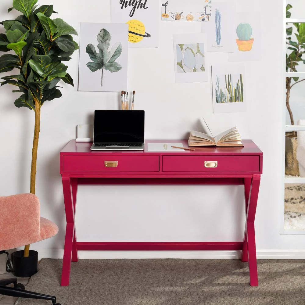 Mavis 44.1 in. Raspberry Pink Rectangular Wood Board Desk With 2-Drawers by Homy Casa 4 Mavis 44.1 in. Raspberry Pink Rectangular Wood Board Desk With 2-Drawers by Homy Casa - Image 2