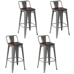Vustu 29 in. Silver Low Back Metal Frame Bar Stool With Solid Wood Seat ( Set of 4) by Homy Casa