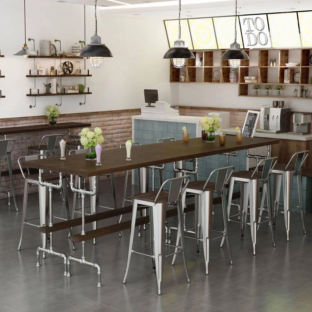 Vustu 29 in. Silver Low Back Metal Frame Bar Stool With Solid Wood Seat ( Set of 4) by Homy Casa 4 Vustu 29 in. Silver Low Back Metal Frame Bar Stool With Solid Wood Seat ( Set of 4) by Homy Casa - Image 2