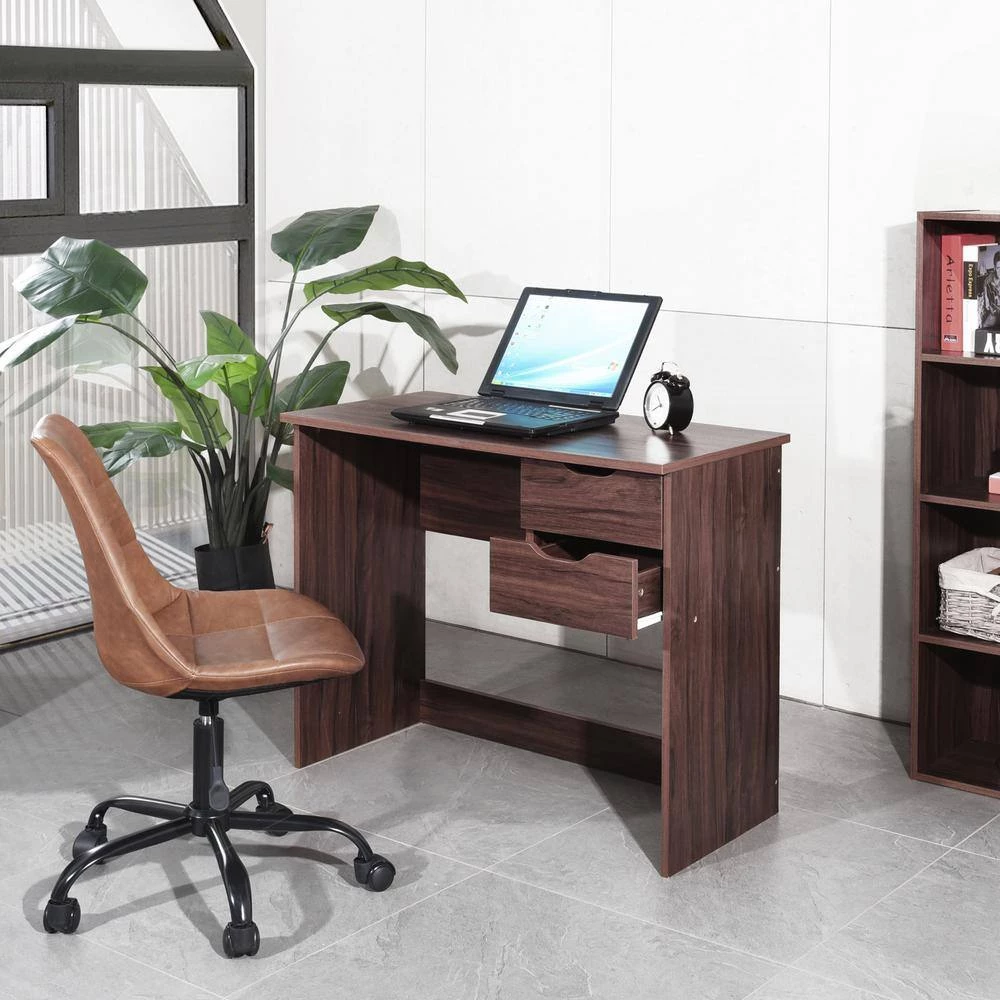 Waston 35.4 in. Rectangular Walnut Wood 2-Drawer Writing Desk by Homy Casa 9 Waston 35.4 in. Rectangular Walnut Wood 2-Drawer Writing Desk by Homy Casa - Image 7