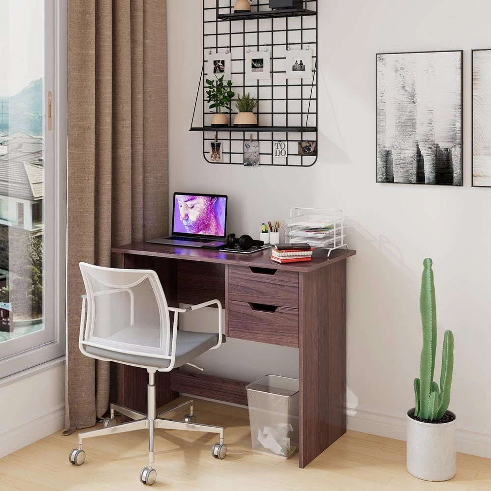 Waston 35.4 in. Rectangular Walnut Wood 2-Drawer Writing Desk by Homy Casa 4 Waston 35.4 in. Rectangular Walnut Wood 2-Drawer Writing Desk by Homy Casa - Image 2