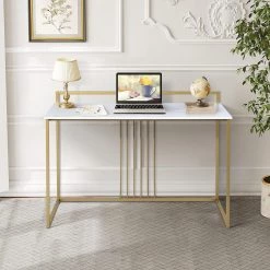 Olesia 47.2 in. Retangular White Wood Top Gold Metal Frame Computer Desk by Homy Casa -Homy Casa Shop white homy casa computer desks hd olesia 1d 1000