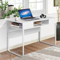 Wire 43.3 in. Rectangular White Writing Desk with 3 Storage Cubes by Homy Casa -Homy Casa Shop white homy casa computer desks wire hy lmkz 1f 1000