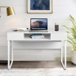 Wire 43.3 in. Rectangular White Writing Desk with 3 Storage Cubes by Homy Casa -Homy Casa Shop white homy casa computer desks wire hy lmkz 40 1000