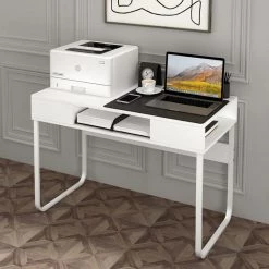 Wire 43.3 in. Rectangular White Writing Desk with 3 Storage Cubes by Homy Casa -Homy Casa Shop white homy casa computer desks wire hy lmkz 77 1000